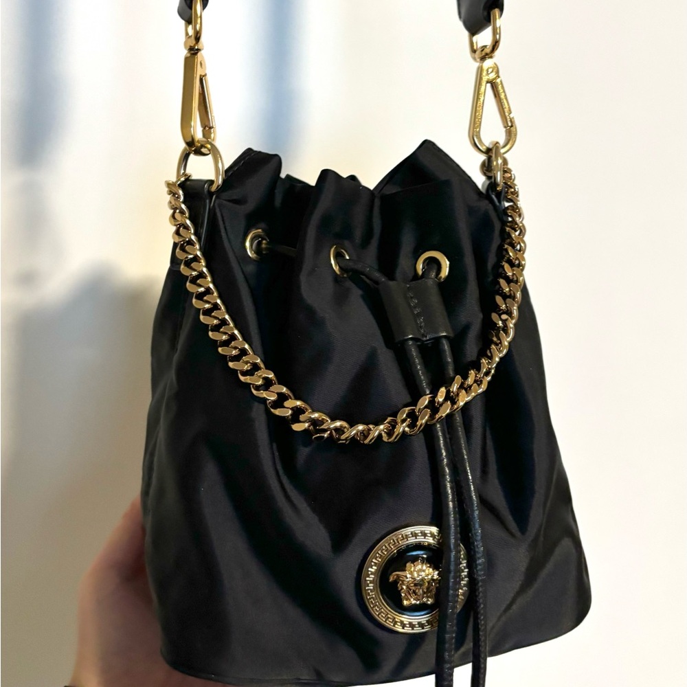 Versace Black Bucket Bag with Gold Chain